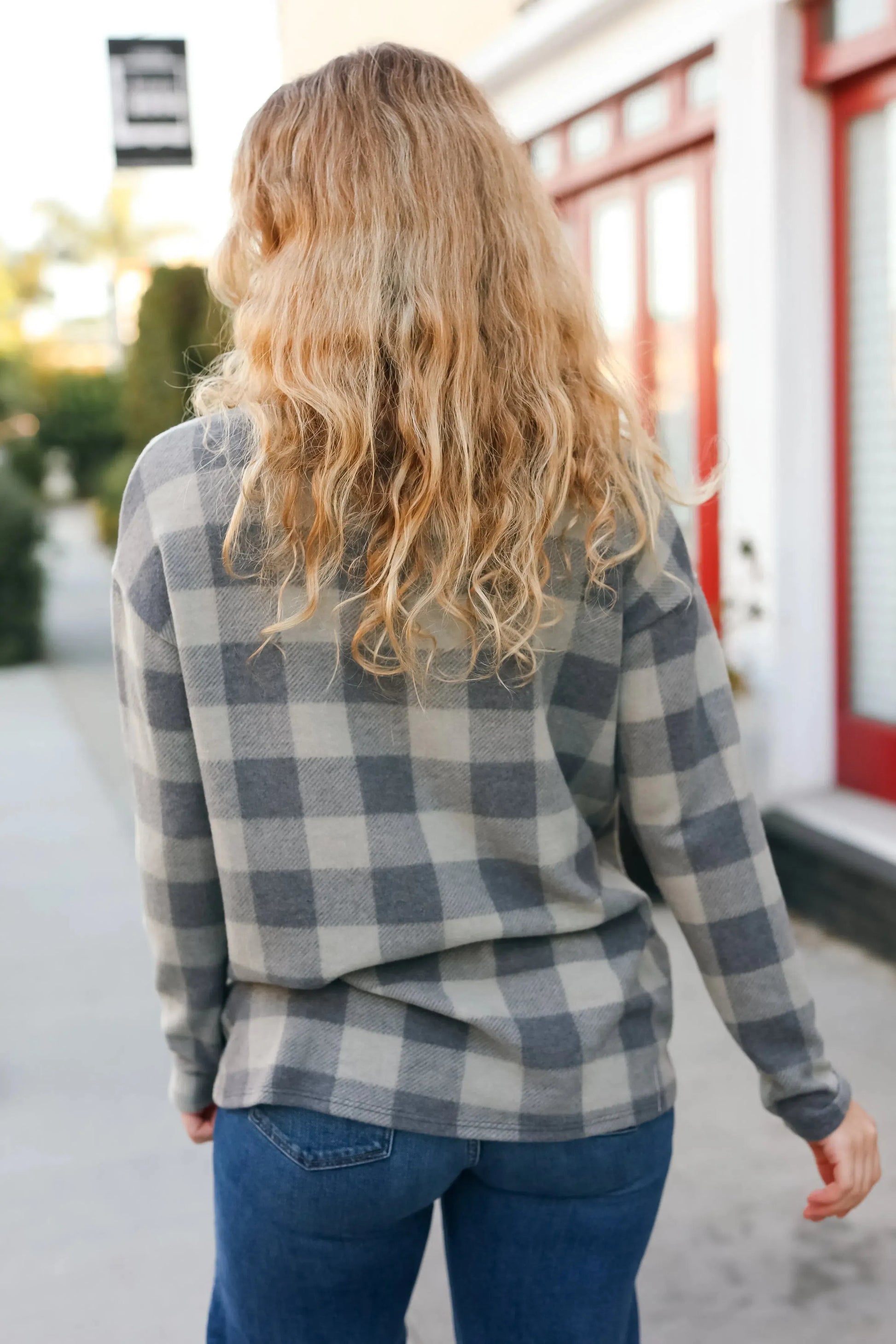 Check It Out Olive Grey Checker Plaid Hacci Pullover-Evelyns Fashion