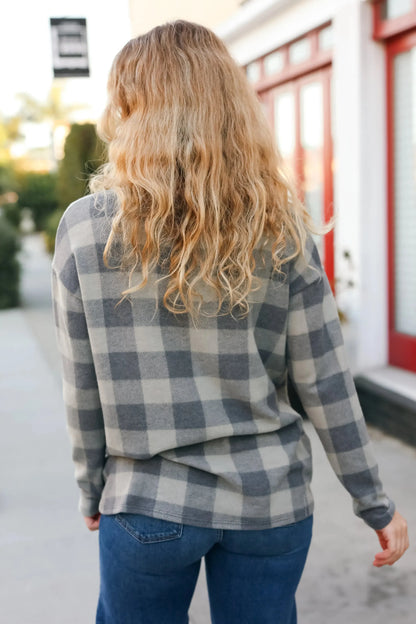 Check It Out Olive Grey Checker Plaid Hacci Pullover-Evelyns Fashion