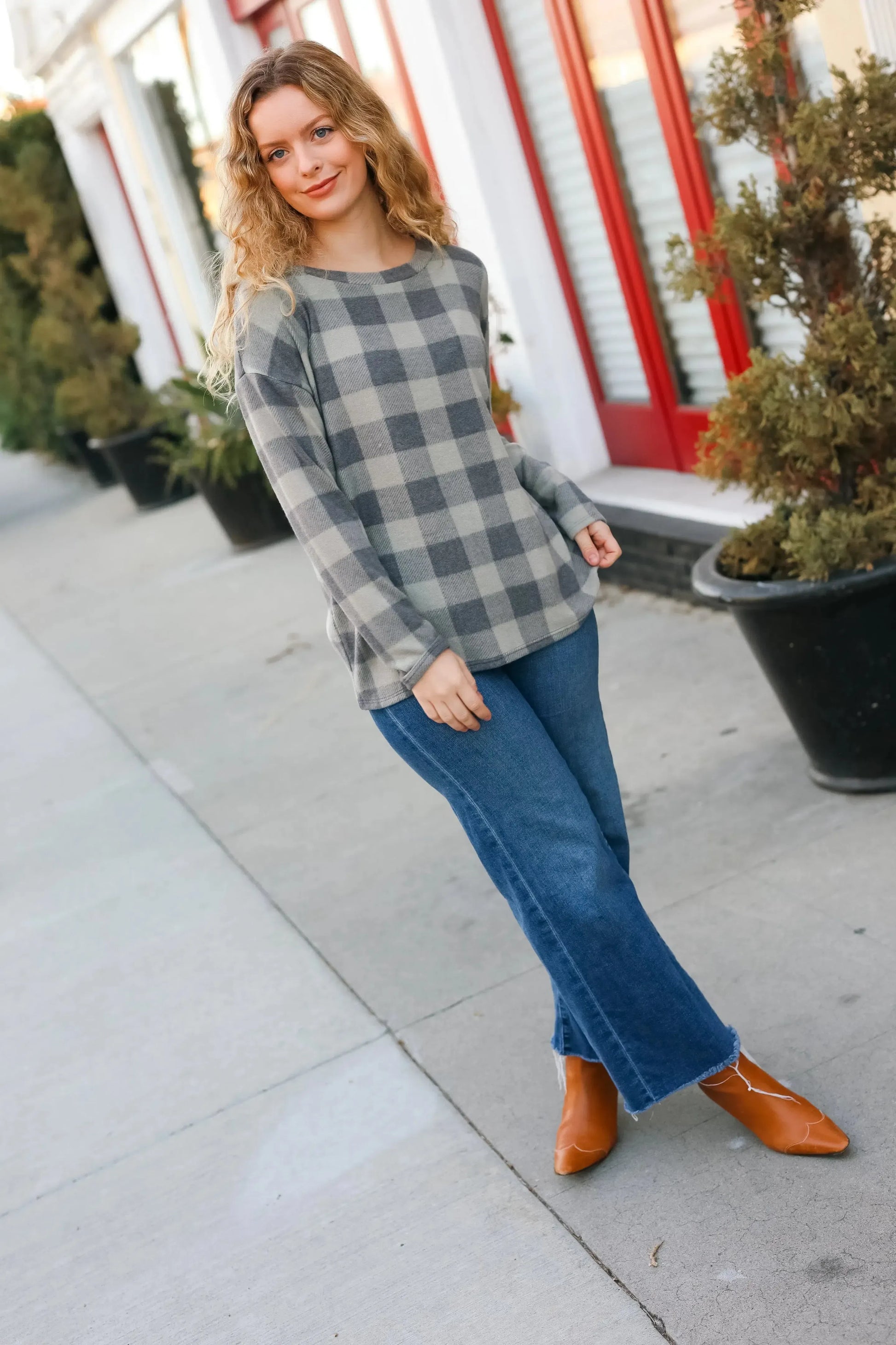 Check It Out Olive Grey Checker Plaid Hacci Pullover-Evelyns Fashion