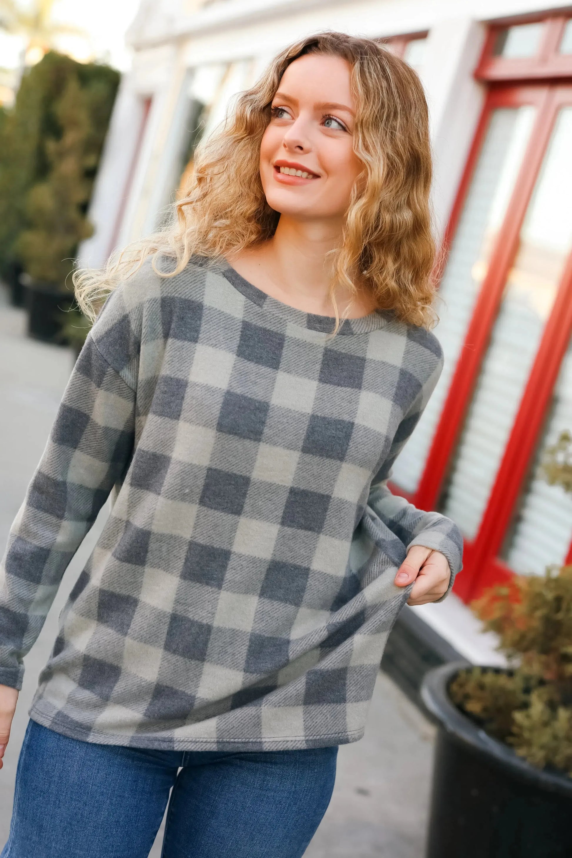 Check It Out Olive Grey Checker Plaid Hacci Pullover-Evelyns Fashion