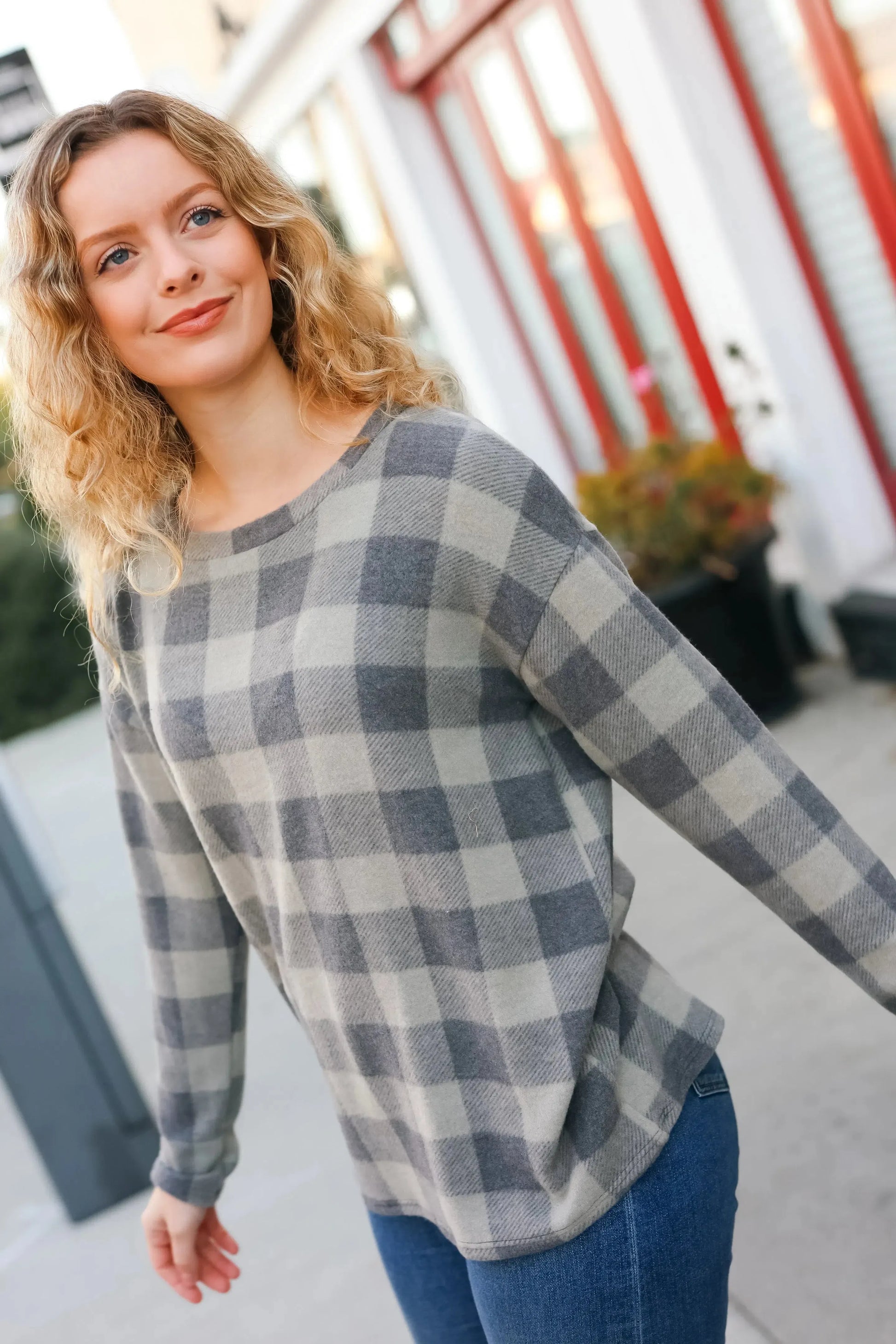 Check It Out Olive Grey Checker Plaid Hacci Pullover-Evelyns Fashion