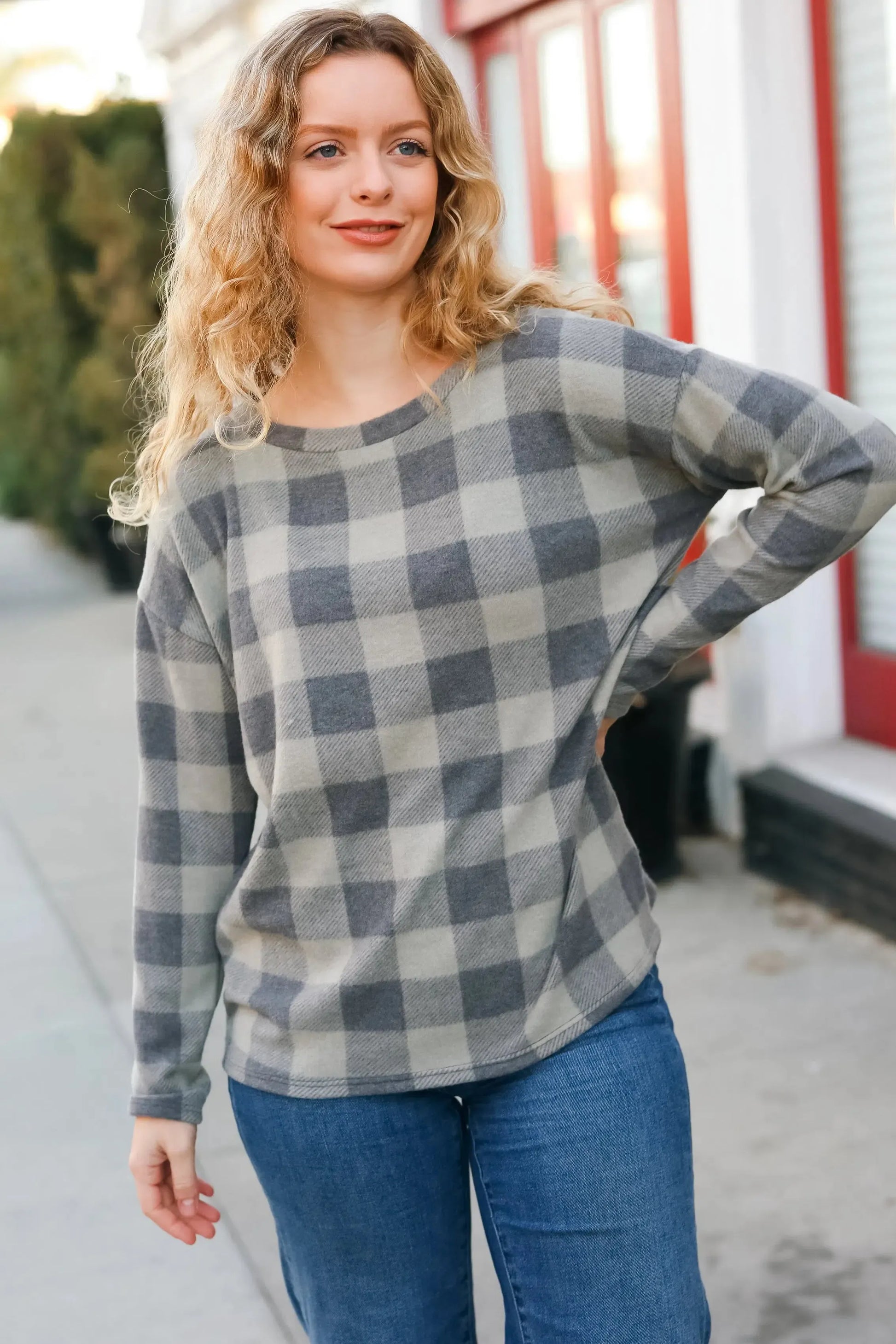 Check It Out Olive Grey Checker Plaid Hacci Pullover-Evelyns Fashion