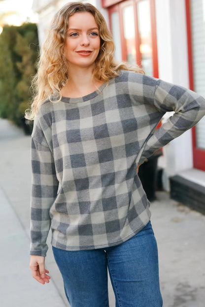 Check It Out Olive Grey Checker Plaid Hacci Pullover-Evelyns Fashion