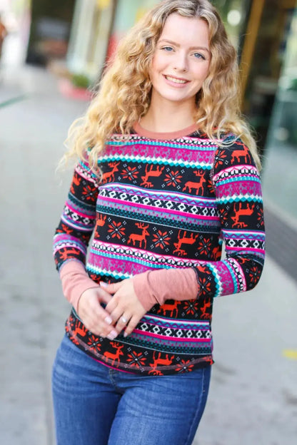 Christmas Ready Black & Fuchsia Reindeer Print Thermal Top-Evelyns Fashion