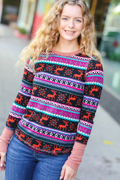 Christmas Ready Black & Fuchsia Reindeer Print Thermal Top-Evelyns Fashion