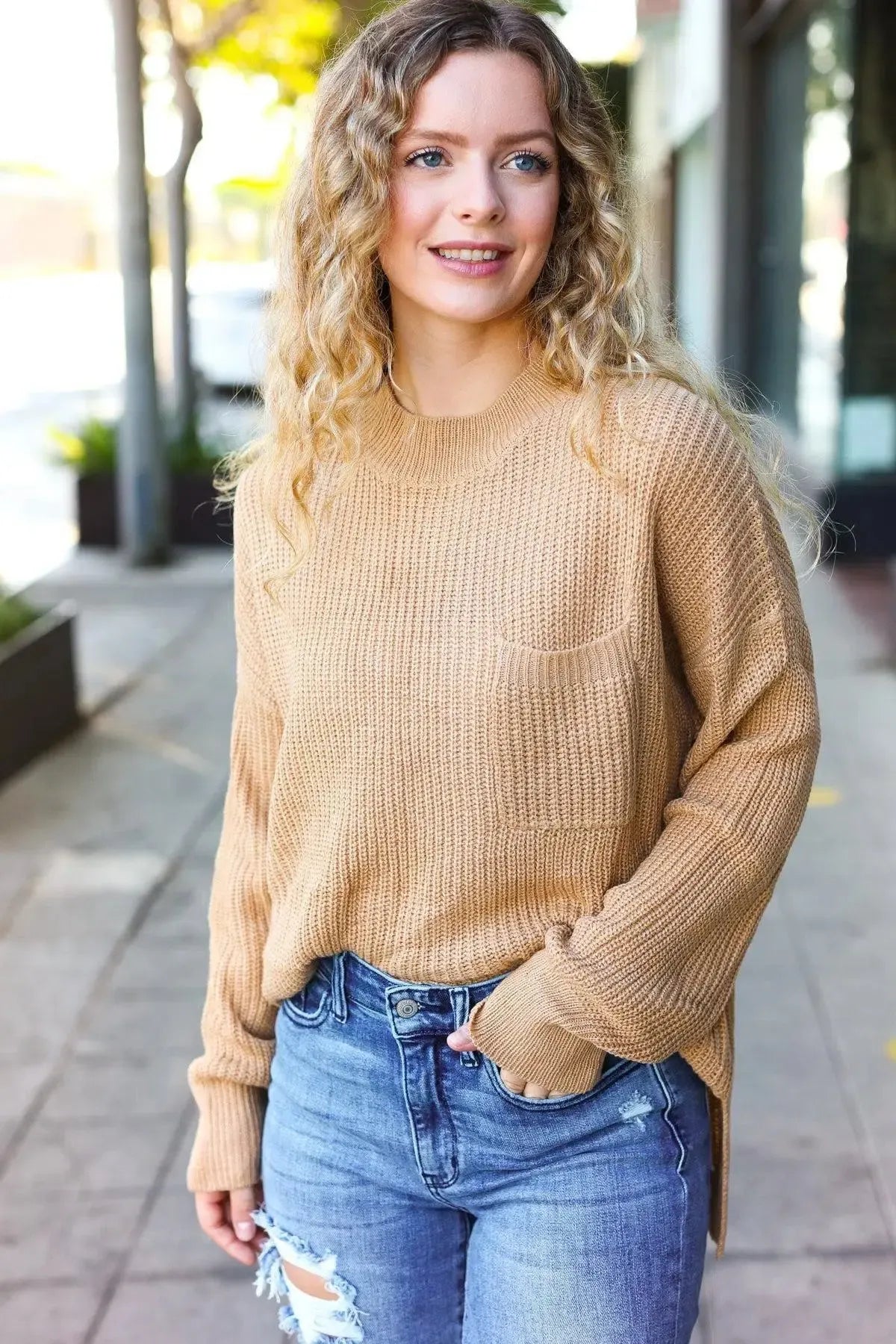 Classy Chic Taupe Mock Neck Chest Pocket Knit Sweater-Evelyns Fashion