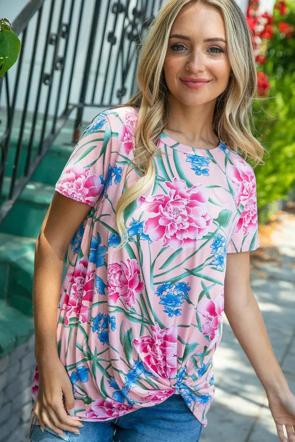 Coral Floral Print Front Knot Top-Evelyns Fashion
