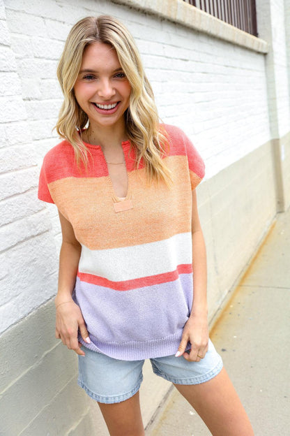 Coral Notched Neck Sweater Top-Sweaters-Evelyns Fashion