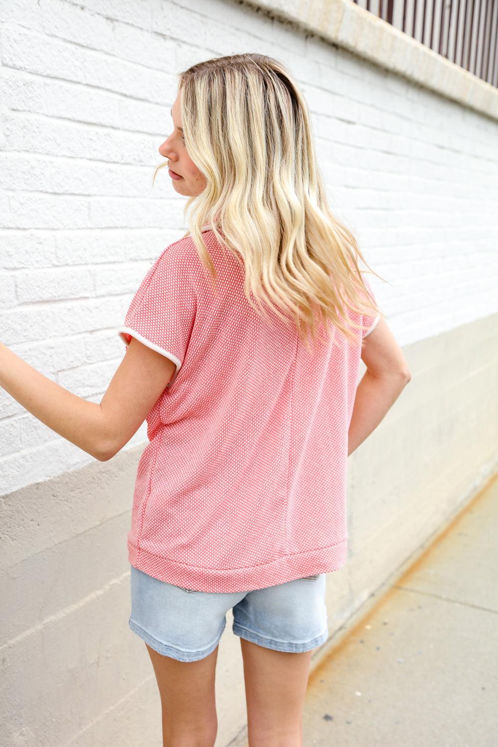 Coral Waffle Knit Top-Blouses-Evelyns Fashion
