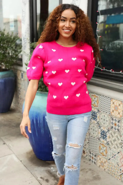 Cozy & Cute: Pink & White Heart Sweater-Evelyns Fashion