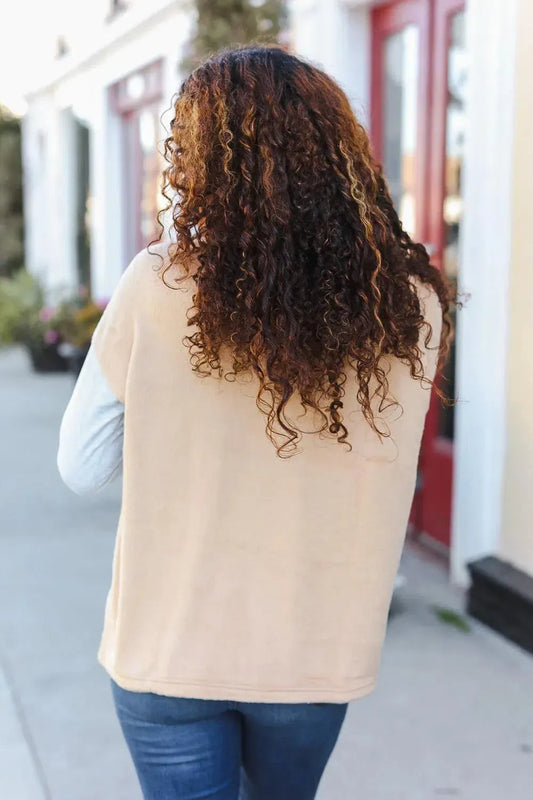 Cozy Style: Good Vibes Grey/Beige Fleece Zip-Up Cinched Hem Pullover-Evelyns Fashion