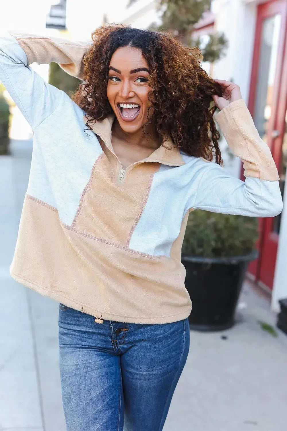 Cozy Style: Good Vibes Grey/Beige Fleece Zip-Up Cinched Hem Pullover-Evelyns Fashion