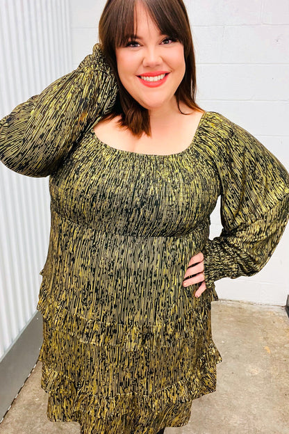 Dazzling Black Gold Foiled Smocked Fit & Flare Dress-Evelyns Fashion