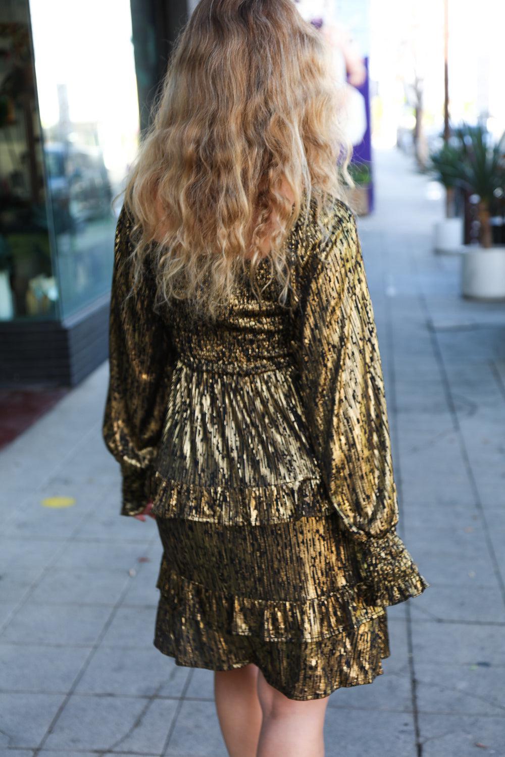 Dazzling Black Gold Foiled Smocked Fit & Flare Dress-Evelyns Fashion