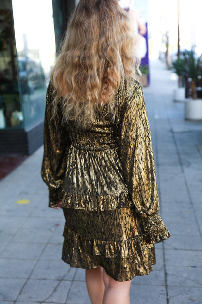 Dazzling Black Gold Foiled Smocked Fit & Flare Dress-Evelyns Fashion