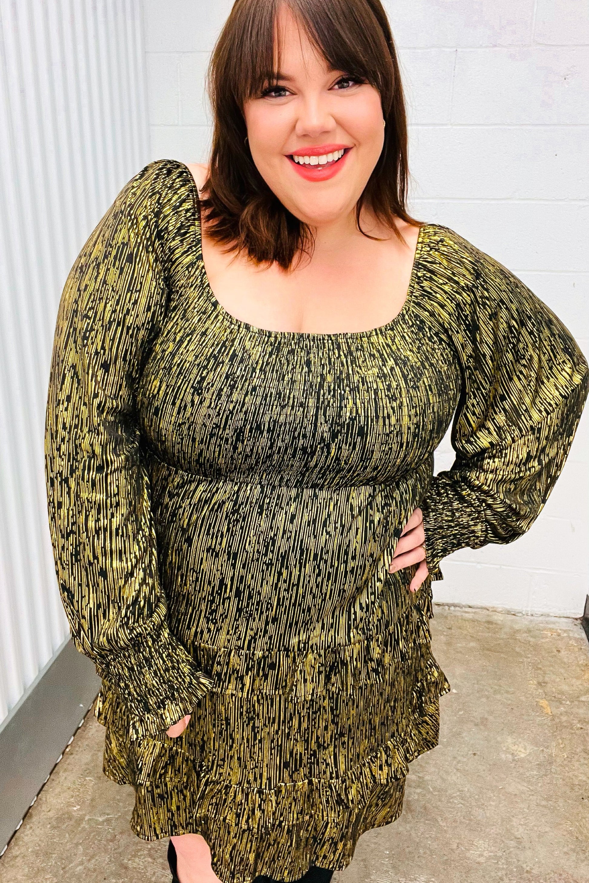 Dazzling Black Gold Foiled Smocked Fit & Flare Dress-Evelyns Fashion