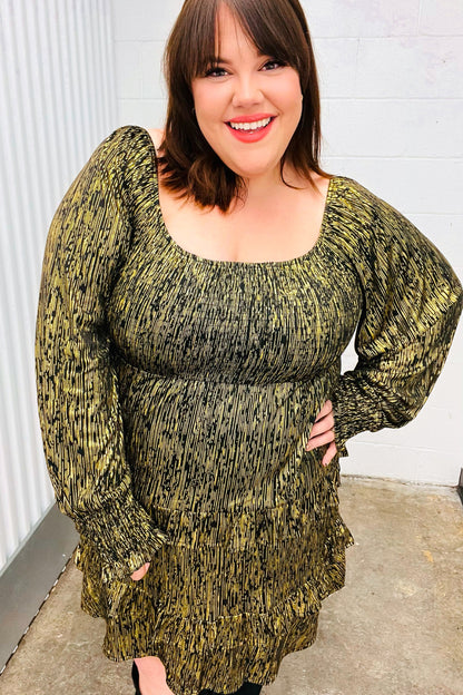 Dazzling Black Gold Foiled Smocked Fit & Flare Dress-Evelyns Fashion