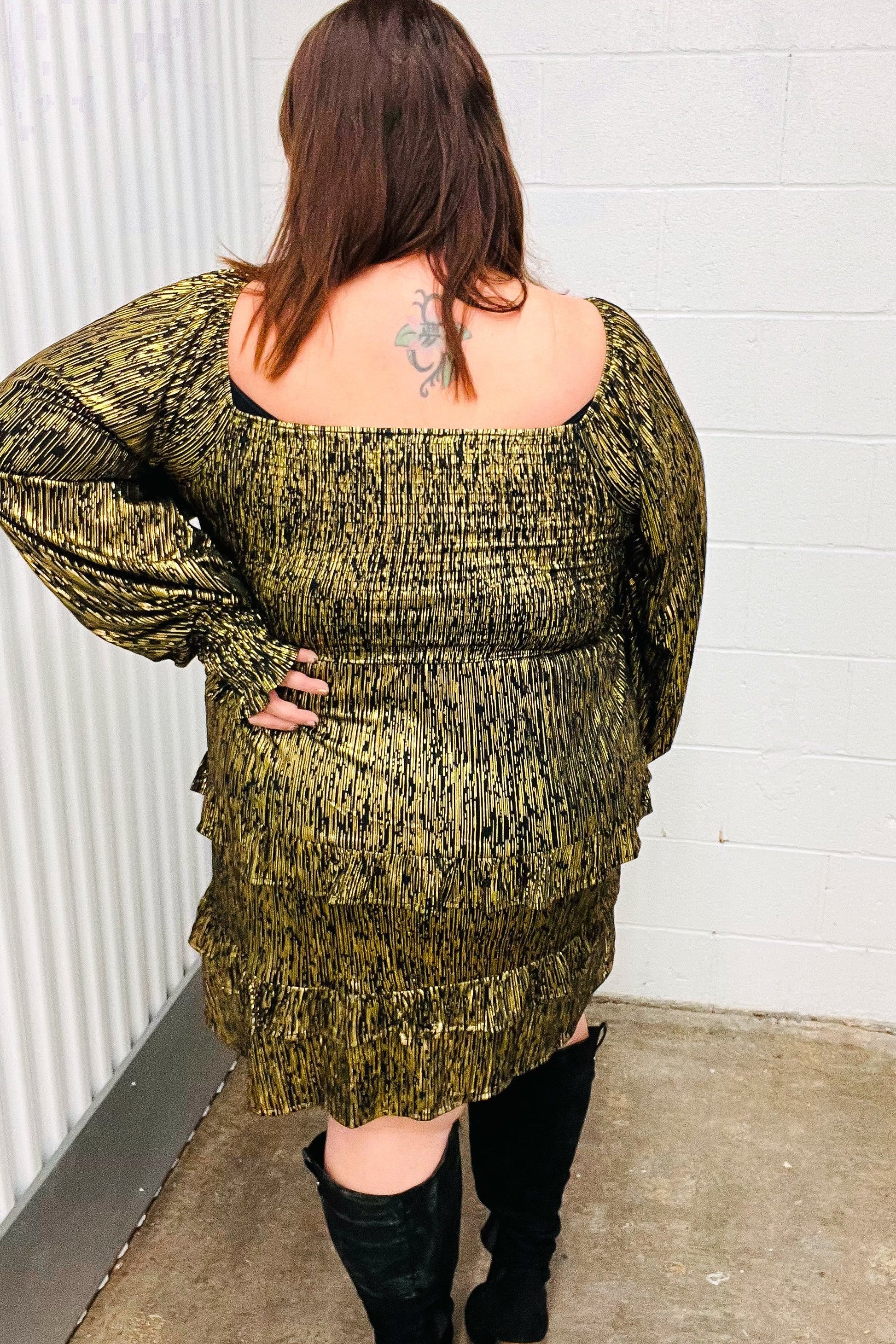 Dazzling Black Gold Foiled Smocked Fit & Flare Dress-Evelyns Fashion