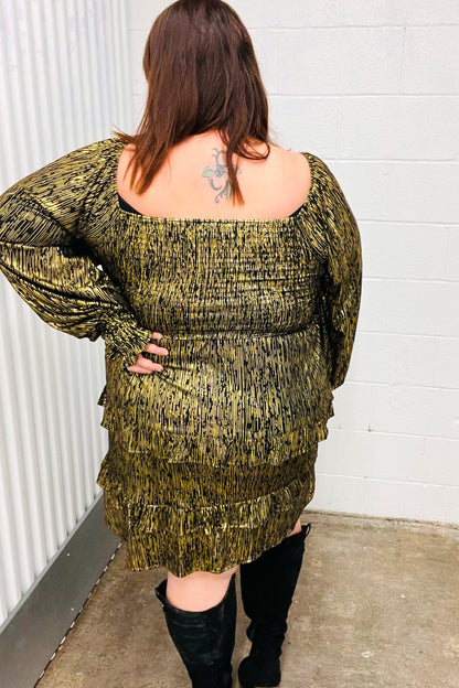 Dazzling Black Gold Foiled Smocked Fit & Flare Dress-Evelyns Fashion