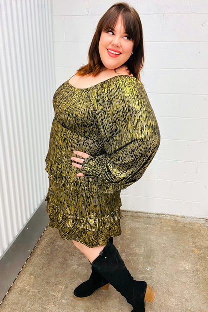 Dazzling Black Gold Foiled Smocked Fit & Flare Dress-Evelyns Fashion