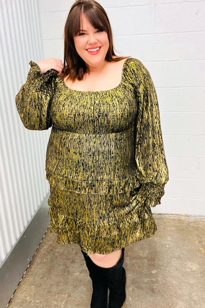 Dazzling Black Gold Foiled Smocked Fit & Flare Dress-Evelyns Fashion