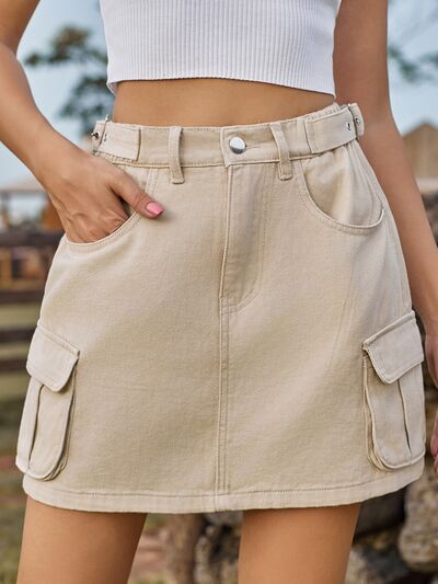 Denim Skirt with Pockets-Evelyns Fashion