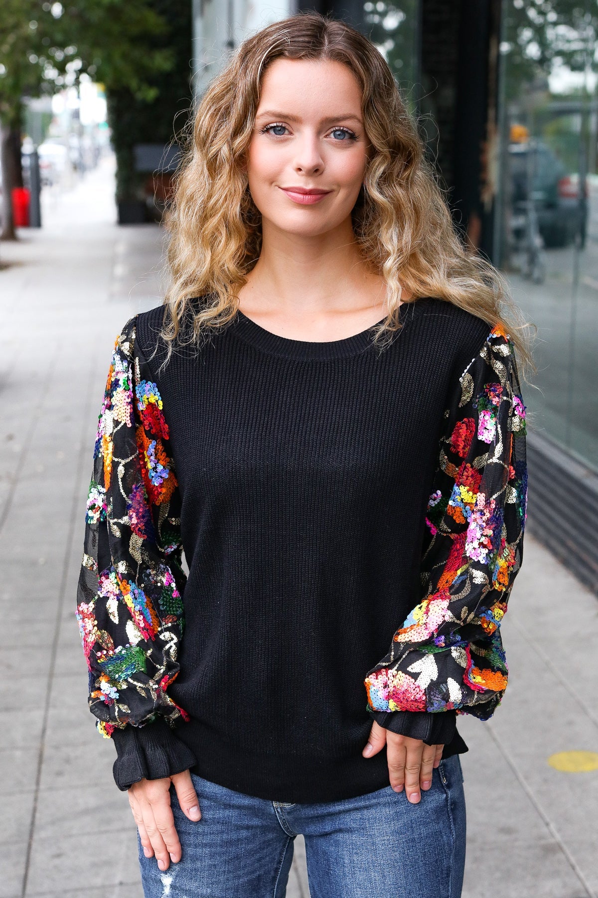 Diva Dreams Black Floral Sequin Mesh Sleeve Rib Knit Top-Evelyns Fashion