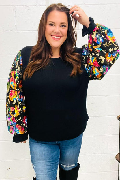 Diva Dreams Black Floral Sequin Mesh Sleeve Rib Knit Top-Evelyns Fashion
