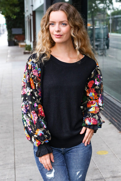 Diva Dreams Black Floral Sequin Mesh Sleeve Rib Knit Top-Evelyns Fashion