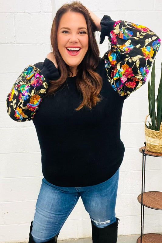 Diva Dreams Black Floral Sequin Mesh Sleeve Rib Knit Top-Evelyns Fashion