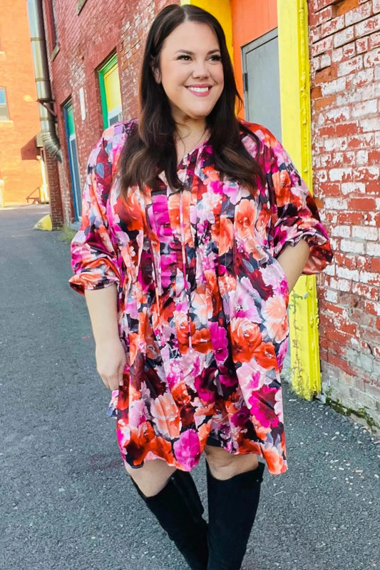 Diva Dreams Coral & Charcoal Floral Tie Neck Pintuck Satin Dress-Evelyns Fashion