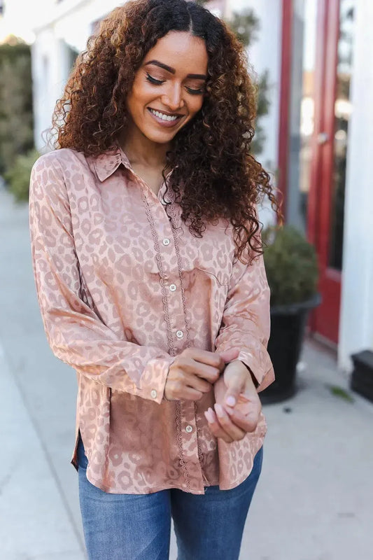 Diva Dreams Neude Animal Print Button Down Lace Shirt Top-Evelyns Fashion