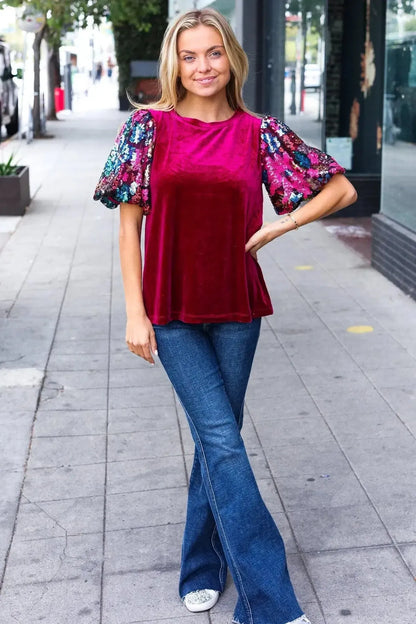 Diva Dreams Wine Floral Sequin Puff Sleeve Velvet Top-Evelyns Fashion