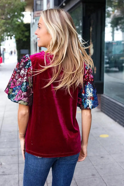 Diva Dreams Wine Floral Sequin Puff Sleeve Velvet Top-Evelyns Fashion