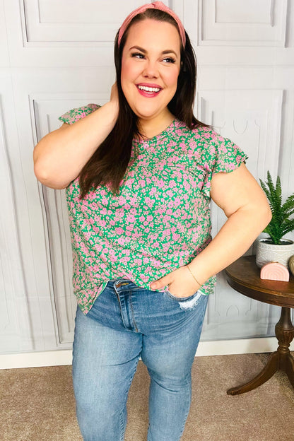 Dreamy Green & Pink Floral Yoke Ruffle Short Sleeve Top-Evelyns Fashion