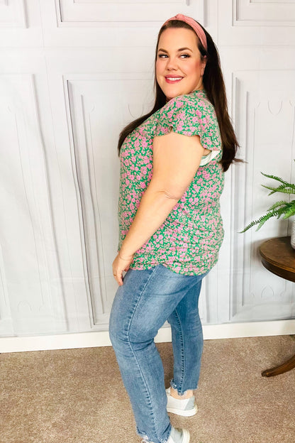 Dreamy Green & Pink Floral Yoke Ruffle Short Sleeve Top-Evelyns Fashion