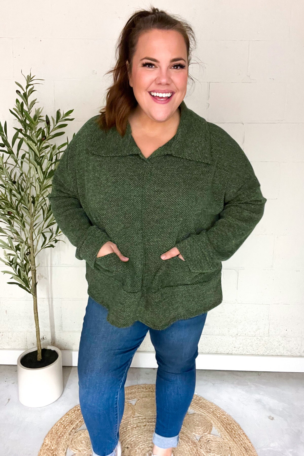 Easy Living Olive Textured Knit Notch Neck Oversized Collar Sweater-Evelyns Fashion