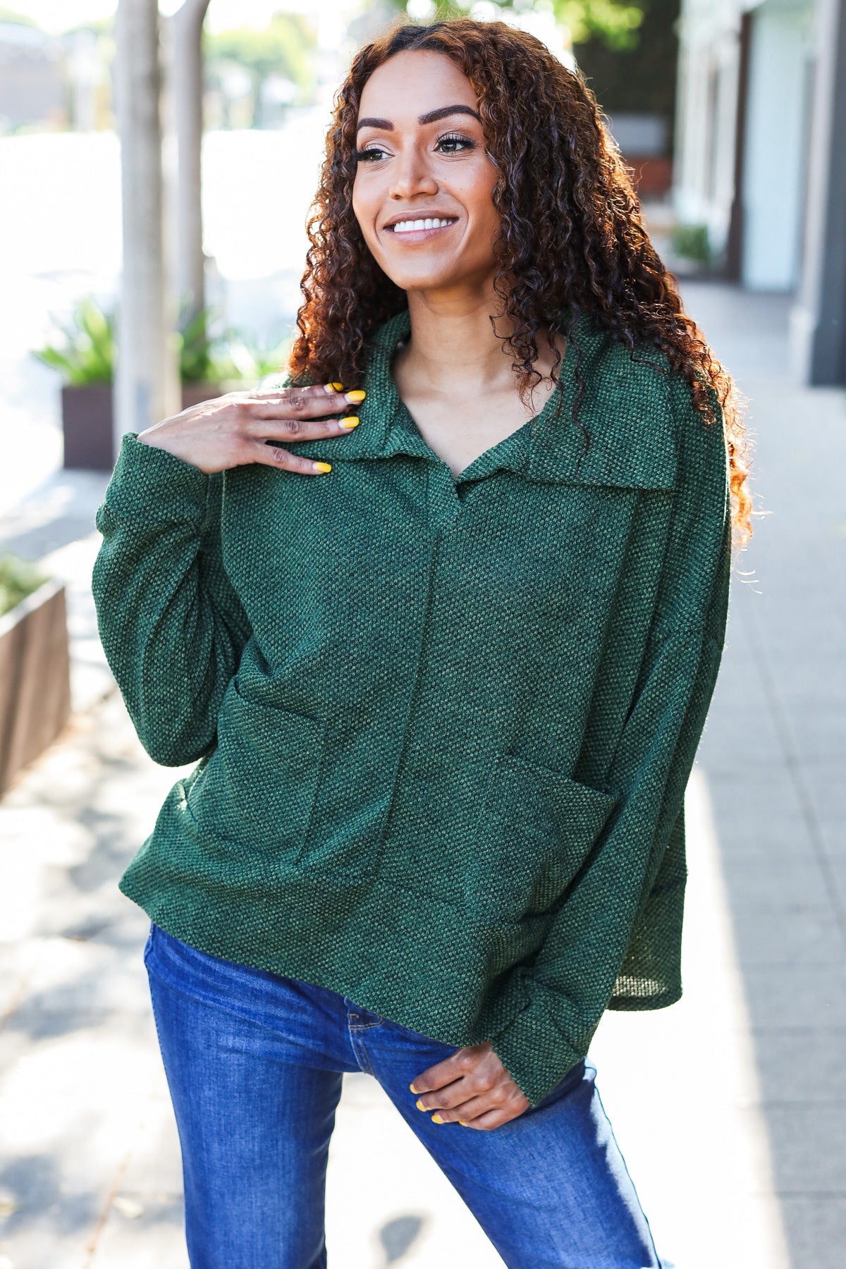 Easy Living Olive Textured Knit Notch Neck Oversized Collar Sweater-Evelyns Fashion