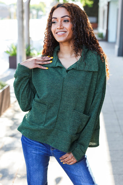 Easy Living Olive Textured Knit Notch Neck Oversized Collar Sweater-Evelyns Fashion