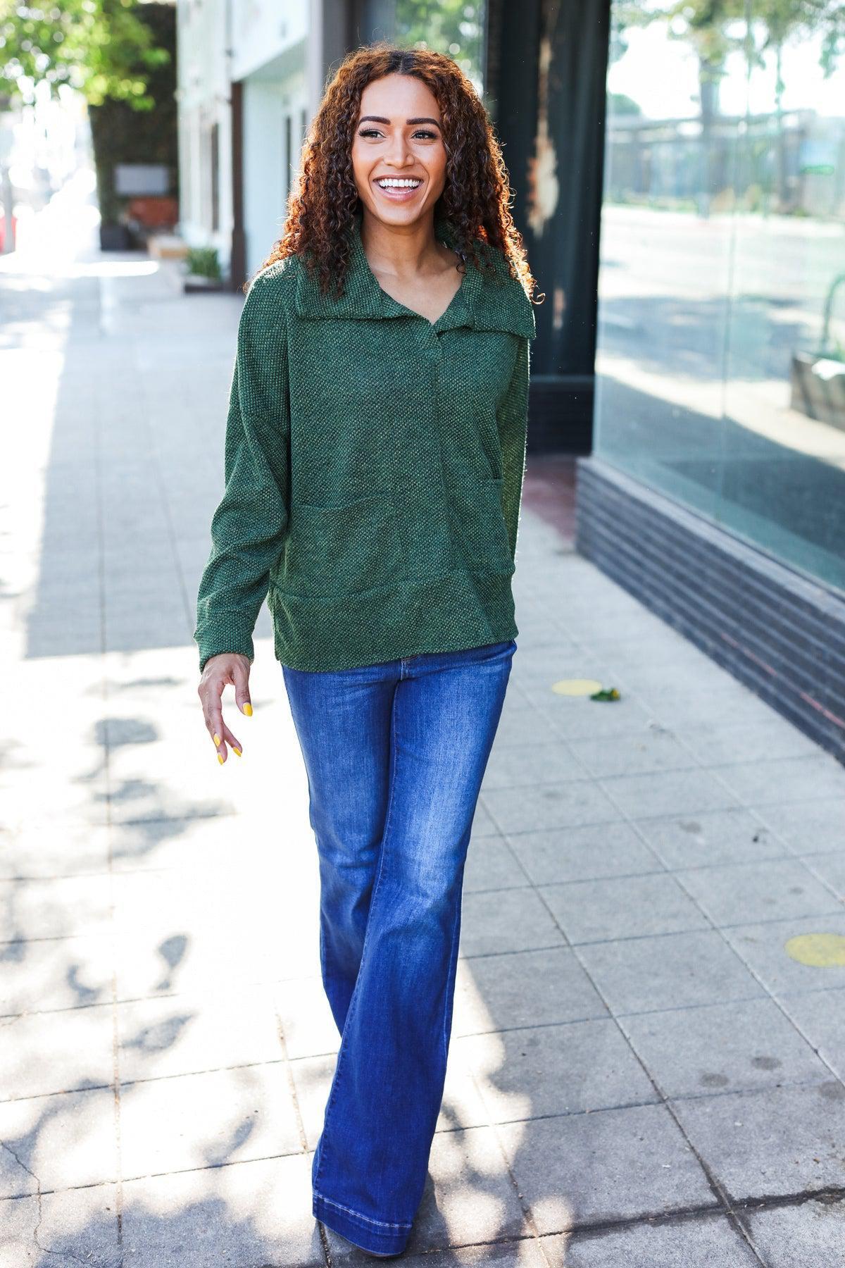 Easy Living Olive Textured Knit Notch Neck Oversized Collar Sweater-Evelyns Fashion