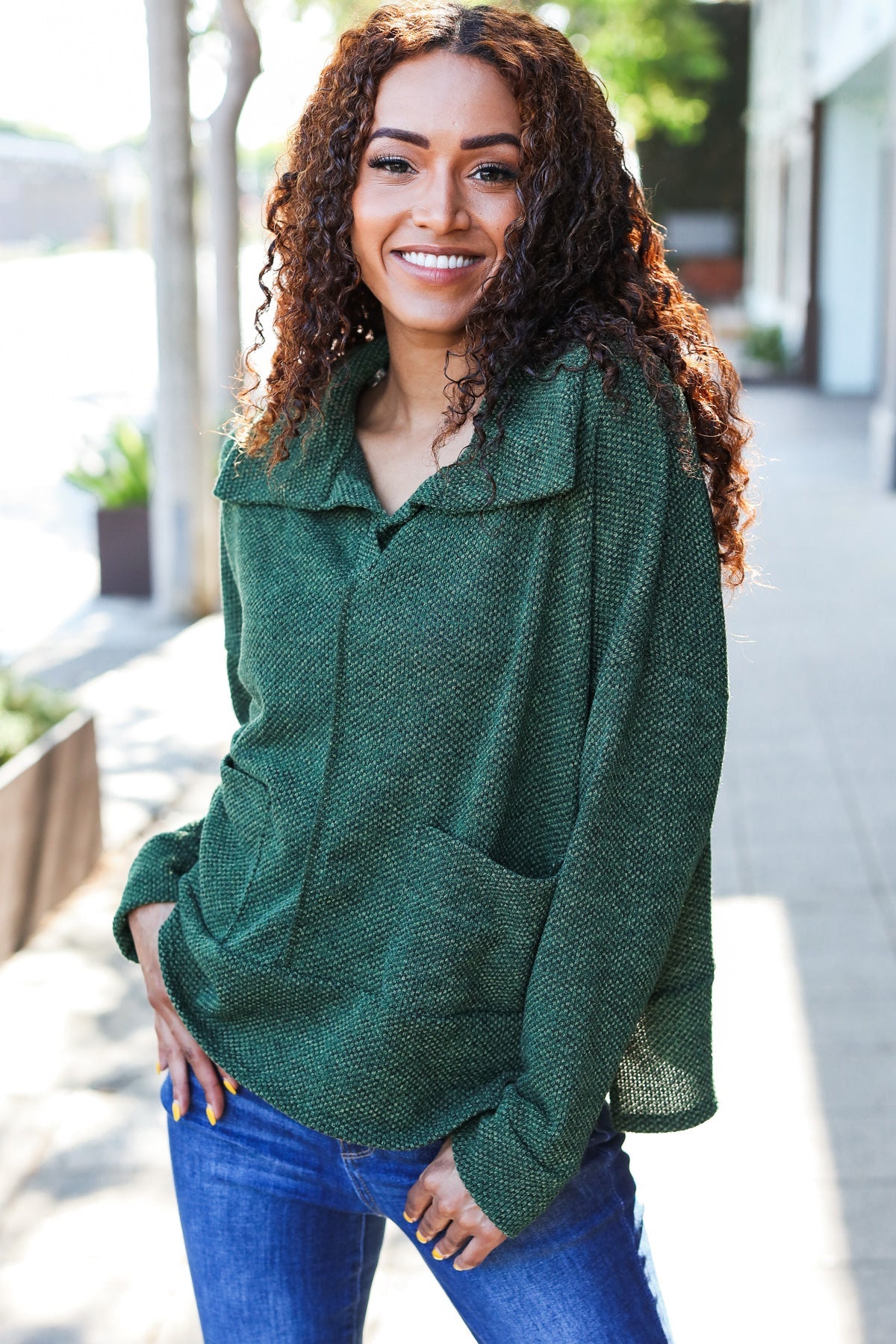 Easy Living Olive Textured Knit Notch Neck Oversized Collar Sweater-Evelyns Fashion