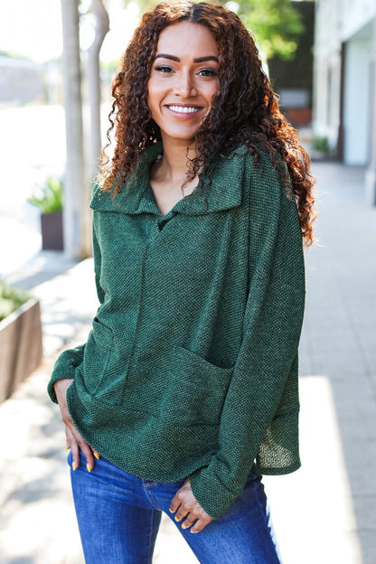 Easy Living Olive Textured Knit Notch Neck Oversized Collar Sweater-Evelyns Fashion