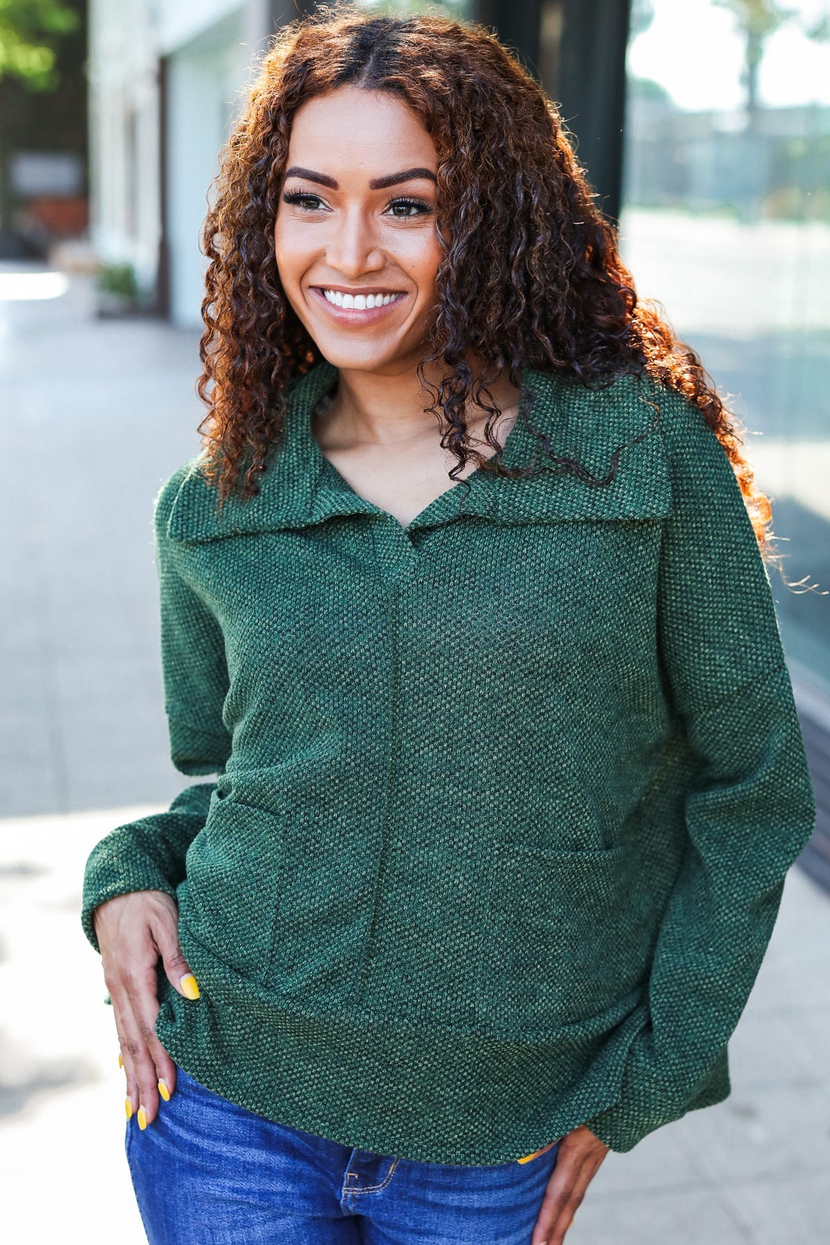 Easy Living Olive Textured Knit Notch Neck Oversized Collar Sweater-Evelyns Fashion