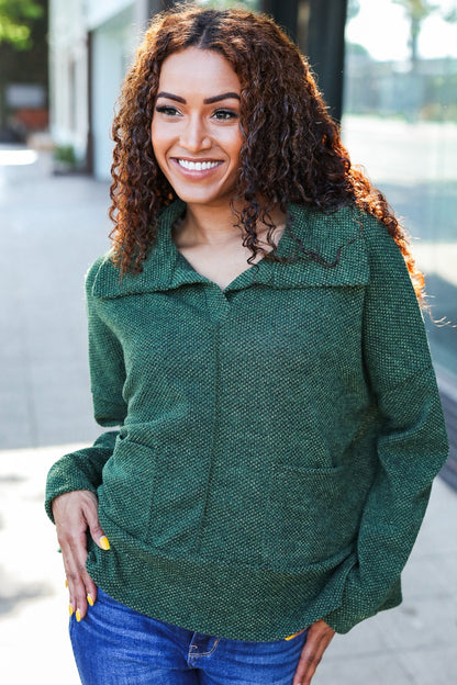Easy Living Olive Textured Knit Notch Neck Oversized Collar Sweater-Evelyns Fashion