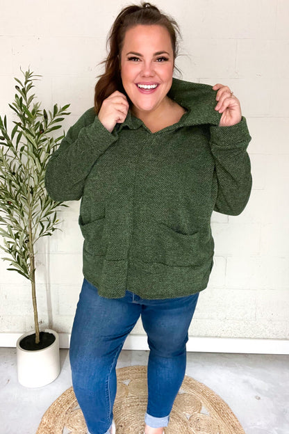 Easy Living Olive Textured Knit Notch Neck Oversized Collar Sweater-Evelyns Fashion