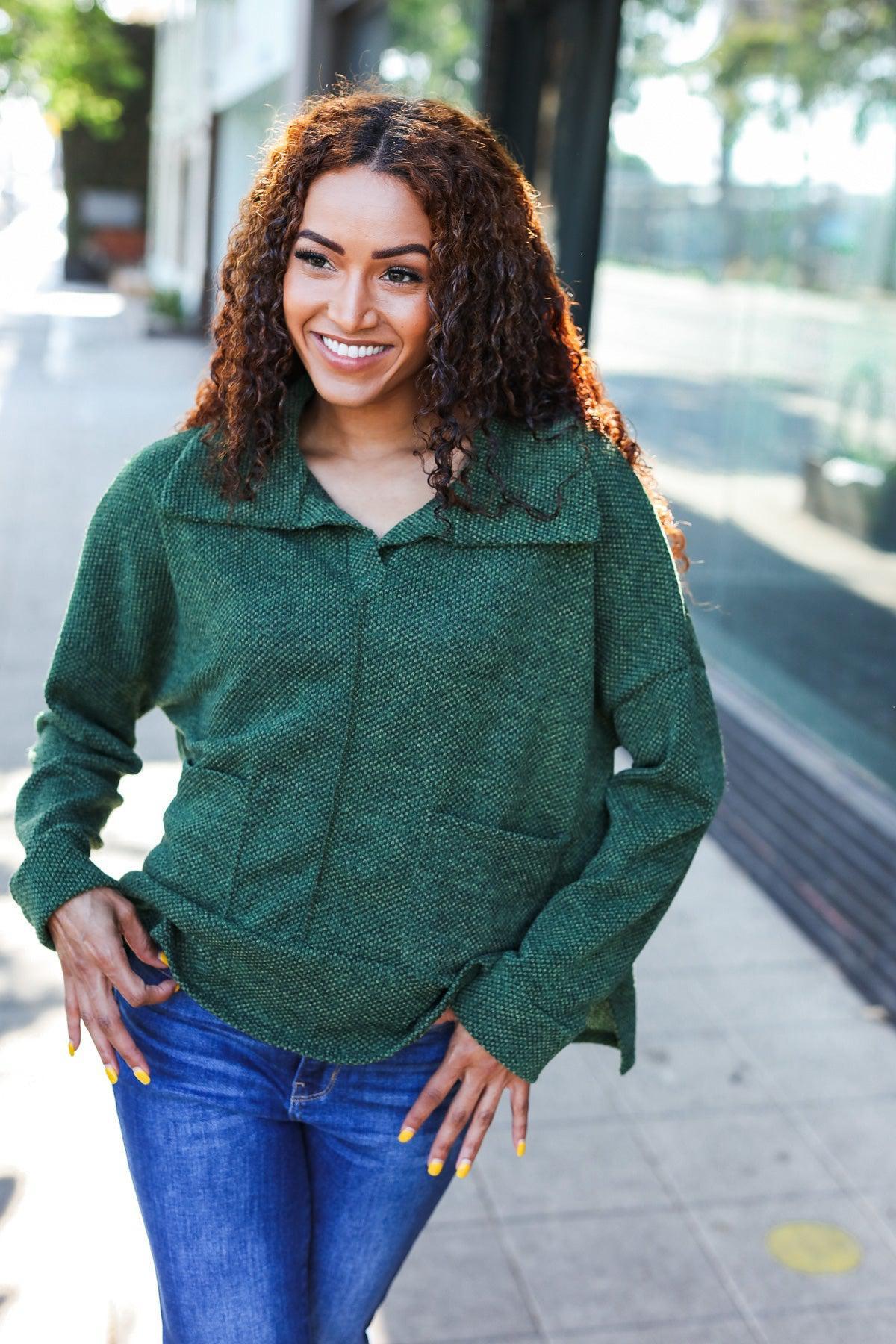 Easy Living Olive Textured Knit Notch Neck Oversized Collar Sweater-Evelyns Fashion