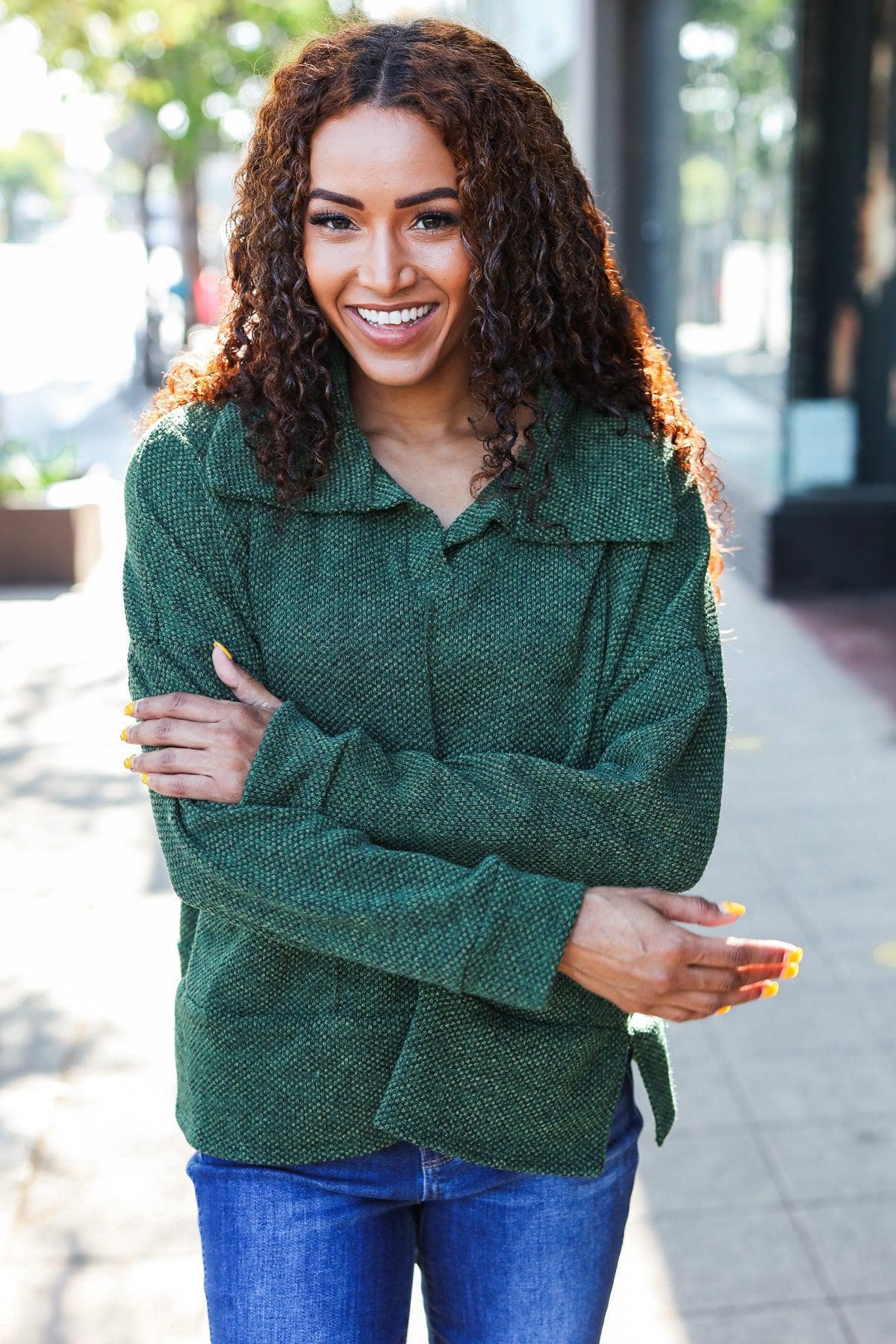 Easy Living Olive Textured Knit Notch Neck Oversized Collar Sweater-Evelyns Fashion