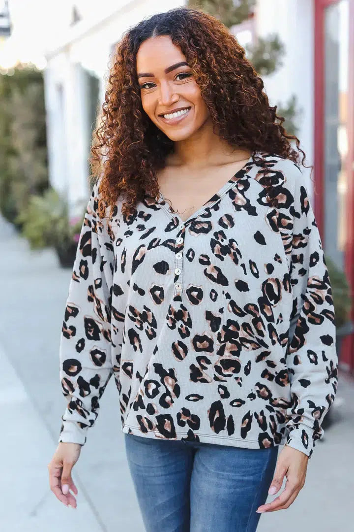 Edgy Comfort: Dolman Pullover in Grey Rib Animal Print-Evelyns Fashion