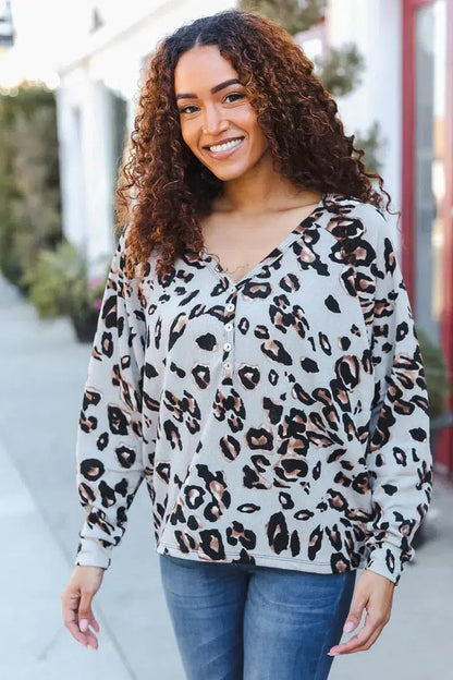 Edgy Comfort: Dolman Pullover in Grey Rib Animal Print-Evelyns Fashion