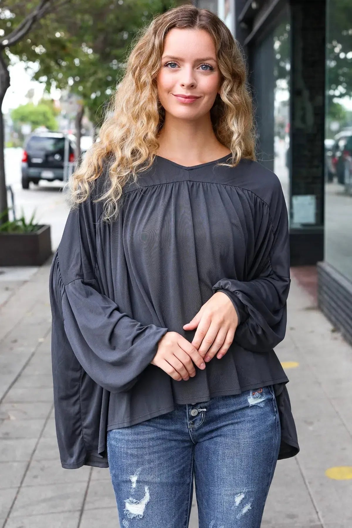 Effortless Elegance: Casual Chic Charcoal V Neck Modal Knit Top-Evelyns Fashion